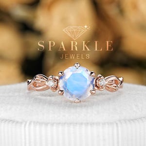 Round Cut Moonstone Floral Engagement Ring, Nature Inspired June Birthstone Wedding Ring Unique Rose Gold Leaf Promise Anniversary Ring Gift