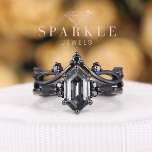 Gothic Hexagon Cut Gray Moissanite Engagement Ring Set With Black Gold Finish, Unique Rhodium Black Grey Moissanite Wedding Ring Set