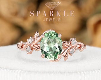 Conjunto de anillos vintage de zafiro verde azulado de talla ovalada, anillo de oro de 14 quilates con diseño de hoja inspirado en la naturaleza, ideal para bodas, compromisos, aniversarios y como regalo de promesa para mujeres.