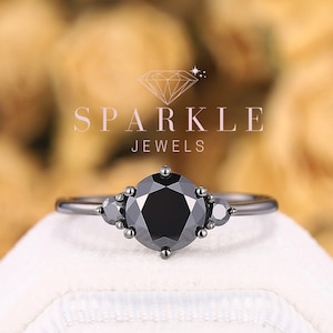 Vintage Black Gold Round Black Moissanite Engagement Ring, Black Promise Ring, Three Stone Ring, Unique Rhodium Black Finish Wedding Ring