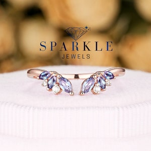 Vintage Open Gap Alexandrite Wedding Band, Unique Half Eternity Alexandrite Matching Band, 14k Rose Gold Chevron Band, Silver Stackable Band