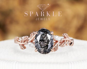 Vintage Oval Black Rutilated Quartz Ring Set, Nature Inspired Leaf 14K Gold Ring, Wedding Engagement, Anniversary Gift Promise Women Jewelry