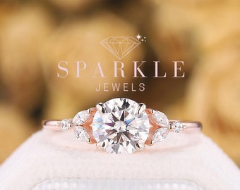 Vintage Round Cut Moissanite Engagement Ring, Unique Moissanite Wedding Ring ,14K Rose Gold Moissanite Promise Ring,Art Deco Moissanite Ring