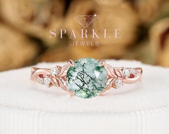 Vintage Round Moss Agate Leaf Engagement Ring Set, Unique 14K Rose Gold Wedding Promise Ring Mossy Nature Inspired Twist Bridal Set Her Gift
