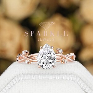 1 CT Pear Shape Moissanite Engagement Ring, Unique Nature Inspired Twig Branch Moissanite Ring ,14K Rose Gold Moissanite Anniversary Ring