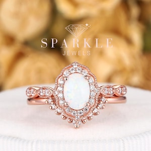 Vintage Weiß Oval Feueropal Verlobungsring Set, einzigartige 14K Rose Gold Opal Halo Hochzeit Versprechen Ring Opal Braut Set Jahrestag ihr Geschenk