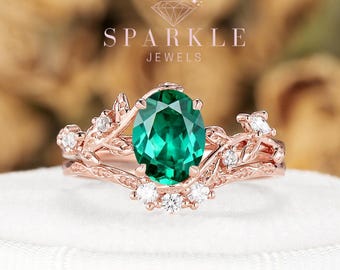 Vintage Emerald Leaf Engagement Ring Set, Art Deco 14k Rose Gold Promise Bridal Set, Nature Inspired Wedding Rings May Birthstone Women Gift