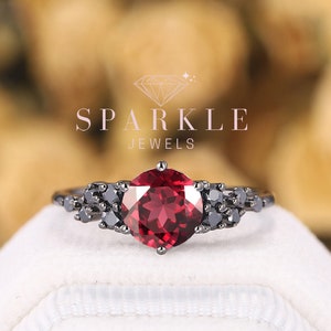 Vintage Black Gold Finish Round Natural Rhodolite Garnet Engagement Ring, Black Moissanite Wedding Ring ,Unique Rhodium Black Promise Ring