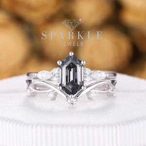 Vintage Long Hexagon Gray Moissanite Engagement Ring, Unique Grey Moissanite Wedding Set, 14K 18K White Gold Promise Ring, Anniversary Ring
