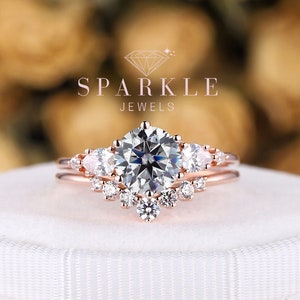 Unique Round Cut Gray Moissanite Engagement Ring Set, Vintage 14K Rose Gold Grey Moissanite Wedding Ring, Art Deco Promise Ring Bridal Set