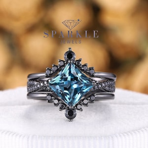 3PCS Black Gold Princess Cut Topaz Engagement Ring, Unique Rhodium Black Topaz Promise Ring, Bridal Set Wedding Set, Black Promise Ring
