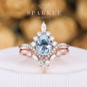 Vintage Aquamarine and Diamond Engagement Ring Set, Unique 14k Rose Gold Pear Cut Aquamarine Promise Ring March Birthstone Wedding Ring Gift