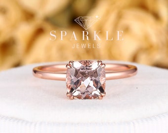 Pink Morganite Solitaire Engagement Ring, Plain Band Ring, Unique 14K Rose Gold Cushion Cut Morganite Wedding Ring, Black Stone Promise Ring