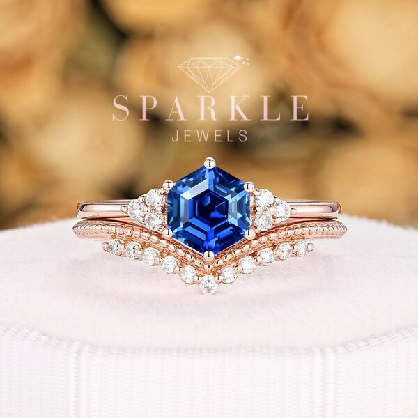 Vintage Hexagon Cut Sapphire Engagement Ring Set, Unique Sapphire Wedding Ring, Rose Gold Milgrain Promise Ring, Blue Sapphire Bridal Set