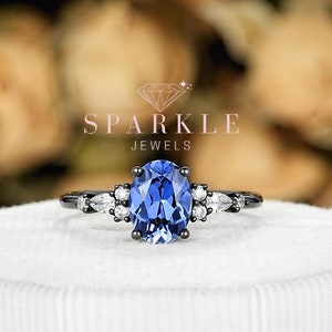 Black Gold Cornflower Blue Sapphire Engagement Ring, Gothic Black Rhodium Ring, Oval Shape Sapphire Dark Wedding Ring gift for friend