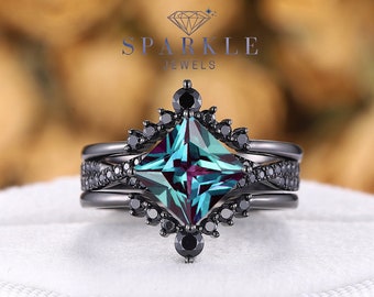 3PCS Vintage Princess Cut Alexandrite Engagement Ring, Rhodium Black Alexandrite Promise Ring, Bridal Set Wedding Set, Black Promise Ring