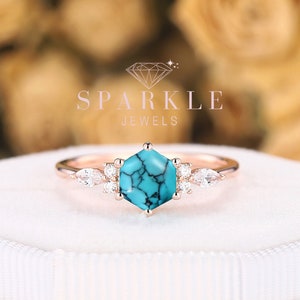 Vintage Hexagon Turquoise Engagement Ring, Unique Turquoise Wedding Ring, Art Deco 14K Rose Gold Sterling Silver Promise Ring Gift For Women
