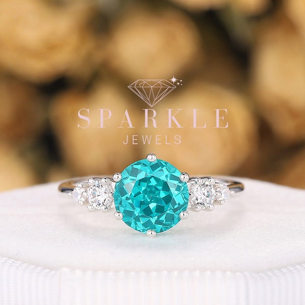 Vintage Round Neon Blue Paraiba Tourmaline Engagement Ring, Unique Blue Green Tourmaline Wedding Ring, Art Deco 14K White Gold Promise Ring