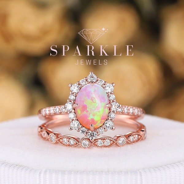 Vintage Oval Pink Fire Opal Engagement Ring Set, Unique 14K Rose Gold Floral Opal Halo Wedding Promise Ring Opal Bridal Set Anniversary Gift