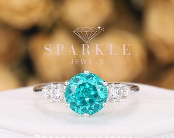 Vintage Round Neon Blue Paraiba Tourmaline Engagement Ring, Unique Blue Green Tourmaline Wedding Ring, Art Deco 14K White Gold Promise Ring