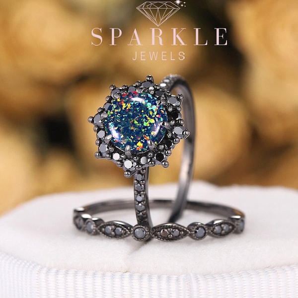 Black Opal Halo Engagement Ring Set, Mixed Color Dark Opal Bridal Set, Unique Rhodium Black Floral Promise Ring, Gothic Black Wedding Ring