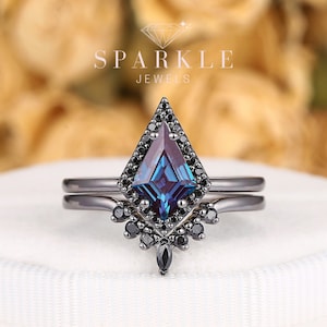 Black Gold Kite Shape Alexandrite Engagement Ring Set, Black Moissanite Halo Bridal Set, Rhodium Black Alexandrite Promise Wedding Ring