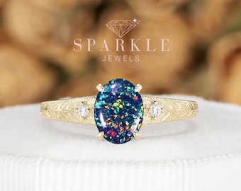 Vintage Oval Black Fire Opal Engagement Ring, Unique Engraved Leaf Wedding Set, Opal 14K Yellow Gold Curved Promise Ring Gift for Women Mom