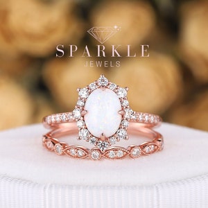 Oval White Fire Opal Engagement Ring Set, Unique 14K Rose Gold Floral Opal Halo Wedding Promise Ring, Opal Bridal Set Anniversary Gift