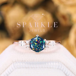 Dainty Hexagon Black Fire Opal Engagement Ring, Unique Mixed Fire Opal Wedding Ring, Art Deco Rose Gold Opal Promise Ring Gift For Women image 1