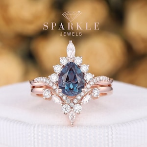 Pear Cut Alexandrite Diamond Engagement Ring Set, Vintage 14K Rose Gold Alexandrite Halo Wedding Ring Promise Proposal Ring Set Gift for Her
