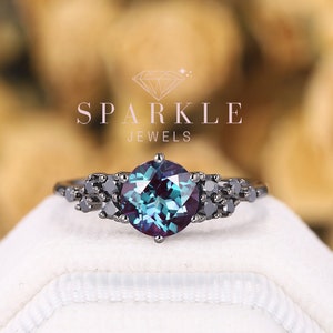 Vintage Black Gold Finish Round Alexandrite Engagement Ring, Black Moissanite Wedding Ring ,Unique Rhodium Black Alexandrite Promise Ring