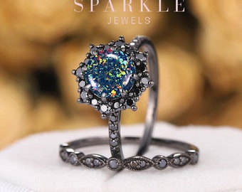 Black Opal Halo Engagement Ring Set, Mixed Color Dark Opal Bridal Set, Unique Rhodium Black Floral Promise Ring, Gothic Black Wedding Ring