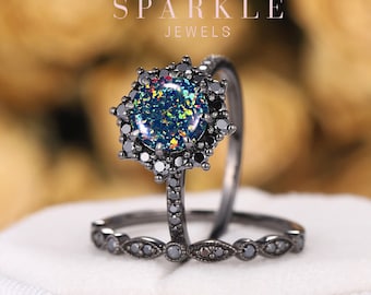 Black Opal Halo Engagement Ring Set, Mixed Color Dark Opal Bridal Set, Unique Rhodium Black Floral Promise Ring, Gothic Black Wedding Ring