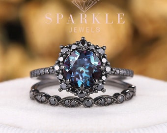 Vintage Round Alexandrite Halo Engagement Ring Set, Unique Rhodium Black Finish Floral Bridal Set, Gothic Black Promise Wedding Ring Set