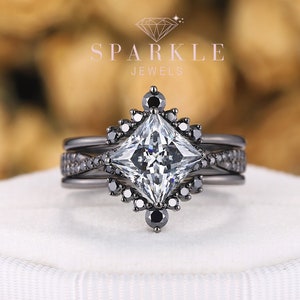 3PCS Vintage Princess Cut Gray Moissanite Engagement Ring Set, Unique Rhodium Black Grey Moissanite Promise Ring Goth Bridal Set Wedding Set