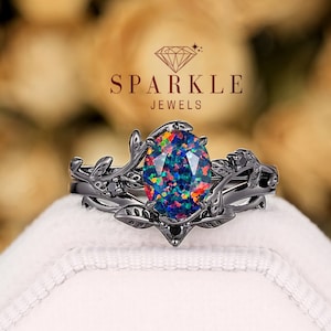 Oval Facette Schwarz Opal Blatt Verlobungsring, gemischte Farbe Opal Braut Set, Einzigartige Schwarz Rhodium Zweig Versprechen Ring, Gothic Hochzeit Ring