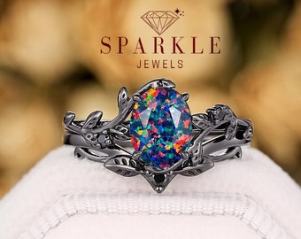 Oval Facet Black Opal Leaf Engagement Ring, Mixed Color Opal Bridal Set, Unique Black Rhodium Twig Branch Promise Ring, Gothic Wedding Ring