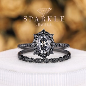 Gothic Black Gold Oval Gray Moissanite Engagement Ring Set, Alexandrite Bridal Set, Dark Witchy Promise Wedding Ring Jewelry Gift for women