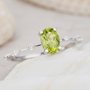 Vintage Peridot Engagement Ring, Unique Hidden Halo August Birthstone Ring, Oval Cut 14K White Gold Peridot Anniversary Promise Wedding Ring