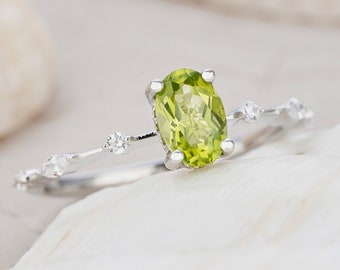 Vintage Peridot Engagement Ring, Unique Hidden Halo August Birthstone Ring, Oval Cut 14K White Gold Peridot Anniversary Promise Wedding Ring
