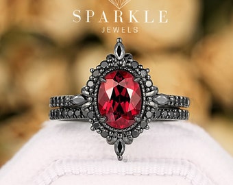 Punk Oval Cut Natural Garnet Halo Engagement Ring, Unique Black Rhodium PeekaBoo Setting Promise Ring, Gothic Dark Wedding Ring Bridal Set