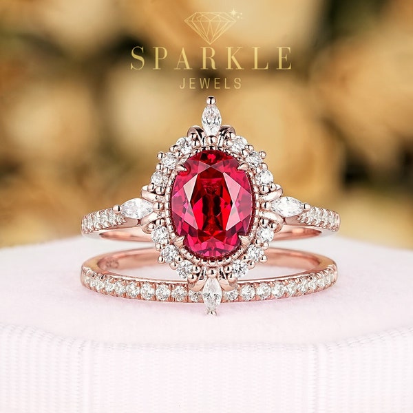 Unique Natural Rhodolite Garnet Halo Engagement Ring Set, Oval Shape Garnet Rose Gold Floral Promise Ring, PeekaBoo Setting Wedding Ring