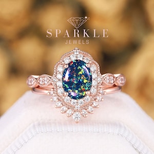 Einzigartige ovale Form Schwarzer Opal Verlobungsring Set, Vintage Rose Gold Opal Halo Hochzeit Versprechen Ring, Opal Braut Set Jahrestagsgeschenk für sie