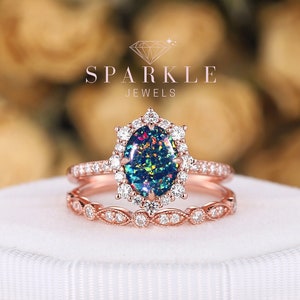 Vintage Oval Black Fire Opal Engagement Ring Set, Unique Rose Gold Floral Opal Halo Wedding Promise Ring, Opal Bridal Set Anniversary Gifts