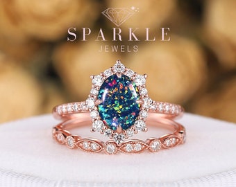 Vintage Oval Black Fire Opal Engagement Ring Set, Unique Rose Gold Floral Opal Halo Wedding Promise Ring, Opal Bridal Set Anniversary Gifts