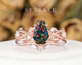 Vintage Coffin Black Fire Opal Engagement Ring Set, Unique Rose Gold Nature Inspired Twist Leaf Wedding Promise Bridal Rings Custom Jewelry