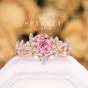 Nature Inspired Round Shape Padparadscha Pink Sapphire Floral Engagement Ring Set, Rose Gold Leaf Wedding Ring Flower Promise Ring for Women