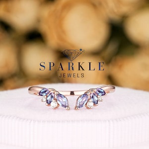 Vintage Open Gap Alexandrite Wedding Band, Unique Half Eternity Alexandrite Matching Band, 14k Rose Gold Chevron Band, Silver Stackable Band
