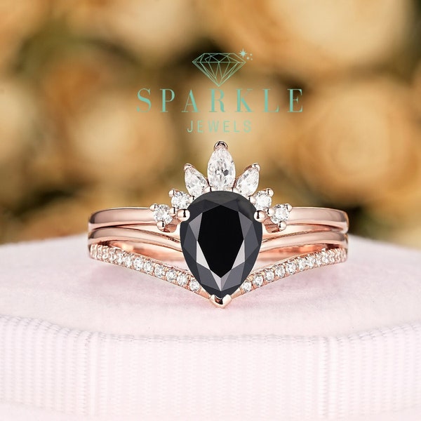 Pear Shape Black Moissanite Cluster Engagement Ring Set, Unique Rose Gold Chevron Promise Ring, Split Shank Wedding Ring Gift for Women
