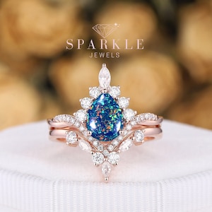 Pear Shape Black Fire Opal Halo Engagement Ring Set, V Shape Rose Gold Mixed Color Opal Wedding Promise Ring, Bridal Set Anniversary Gift